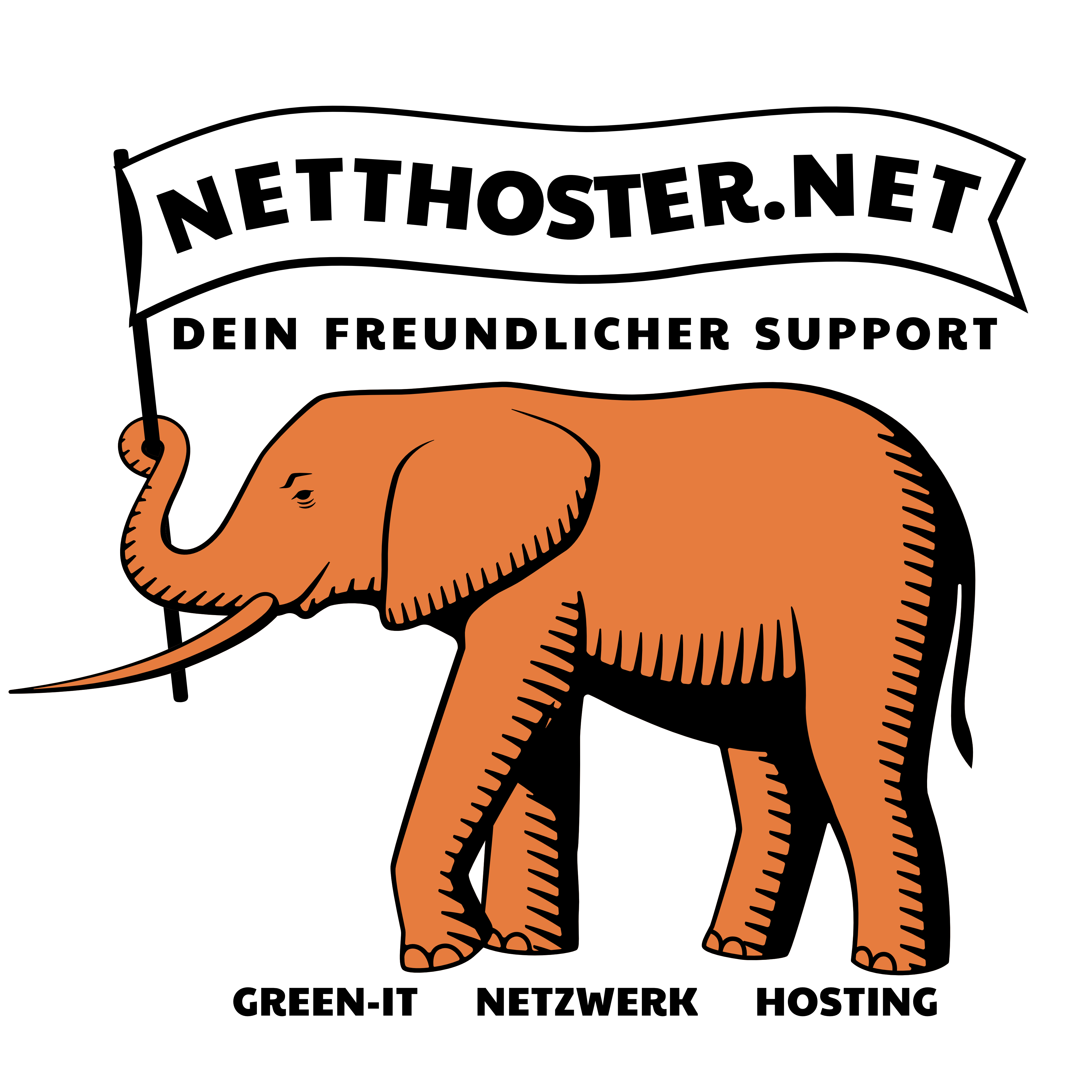 Logo netthoster.net - orangener Elefant mit Schriftzug netthoster.net Dein freundlicher Support green-IT Netzwerk Hosting